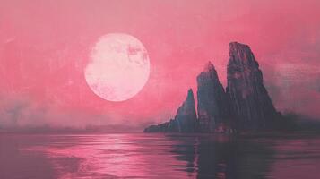 This artwork presents a serene landscape dominated by soft pinks and towering peaks, evoking a sense of tranquility and reflection amidst a surreal atmosphere. photo