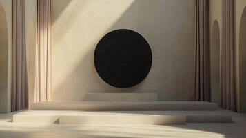 An elegant minimalist space featuring a large black circle on a beige background with soft light filtering through, creating a compelling and serene focal point for artistic expression. photo