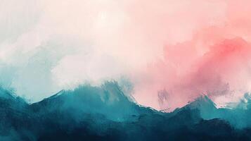 This painting displays a dreamy mountain range with soft, ethereal colors blending beautifully, invoking a feeling of peace and serenity in a tranquil setting. photo