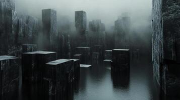 A captivating view of dark, towering monoliths emerging from a misty atmosphere, evoking a sense of mystery and depth in a surreal landscape set against still waters. photo