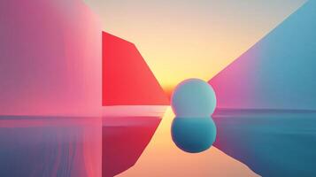 Vivid geometric shapes framed by a striking sunset, reflecting in tranquil waters, creating an artistic harmony of colors and forms that evoke a sense of creativity and inspiration. photo