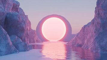 A stunning visual of a circular portal emitting soft light, set against rugged cliffs, creating a dreamlike atmosphere that invites exploration and tranquility. photo
