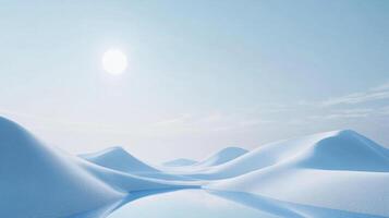 This tranquil snowy landscape features soft hills and a bright sun reflecting off a blue sky, evoking feelings of calmness and vastness in the serene environment. photo