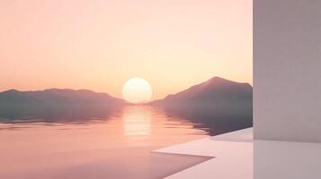 A breathtaking view of a soft sunset reflecting on calm waters, surrounded by gentle mountains, creating a serene and peaceful atmosphere for the viewer. photo