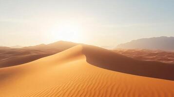 Golden desert dunes illuminated by bright sunlight create a stunning visual composition that highlights the textures and patterns of the sandy landscape in a serene environment. photo