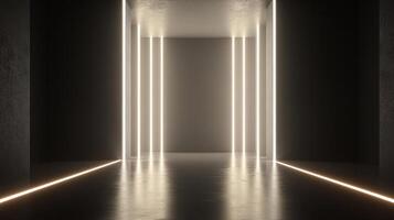 A darkened hallway illuminated by striking neon light lines that converge into a central point, evoking feelings of curiosity and a step toward the future. photo