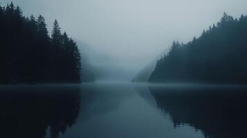A hauntingly beautiful scene of a mist-covered river bordered by towering trees, reflecting an ethereal atmosphere that evokes deep emotions and introspection. photo