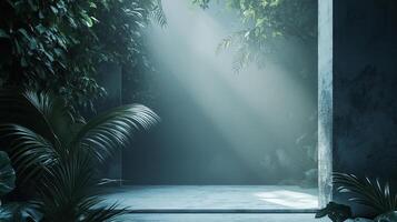 An intriguing scene featuring a shadowy jungle path with beams of light breaking through, inviting exploration and evoking a sense of adventure within nature. photo