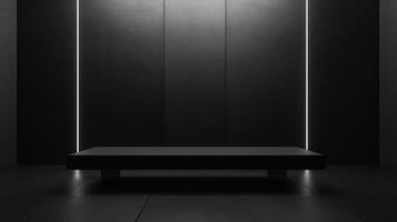 This image showcases a sleek black setting enhanced by minimalist lighting, creating a dramatic and stylish environment suitable for modern art exhibitions or presentations. photo