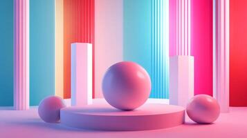 A colorful artistic setup with geometric shapes creating a vibrant, engaging atmosphere, focusing on modern design elements and playful spatial composition. photo