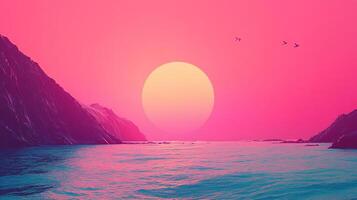 A whimsical seascape at twilight showcasing a vivid pink sunset reflecting in tranquil waters, inviting feelings of peace, wonder, and introspection. photo