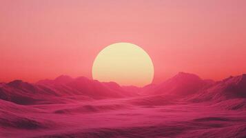A vibrant sunset casting a warm glow over undulating purple hills and valleys, evoking feelings of tranquility and wonder in a dreamlike world of color. photo