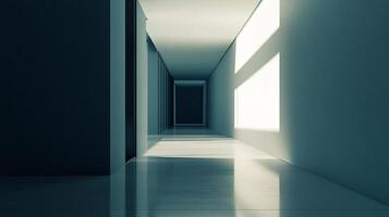 An elegant and minimalistic hallway bathed in soft light and shadows, creating an inviting atmosphere that evokes feelings of calm and curiosity as one gazes down the corridor. photo
