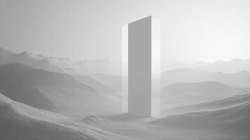 A surreal scene featuring a transparent monolith rising from an ethereal, snowy landscape, inviting the viewer to ponder the relationship between nature and architecture. photo