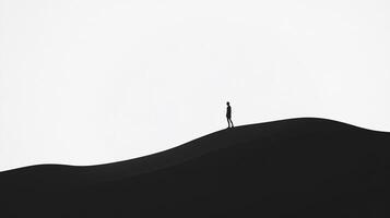 A solitary figure stands atop a dune, creating a stark contrast against a bright, minimalistic background, evoking feelings of solitude and introspection in a vast landscape. photo