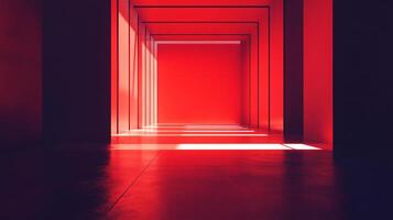 An intriguing view of a bold red passageway filled with striking shadows that invites viewers into an immersive space, suggesting depth and artistic exploration. photo