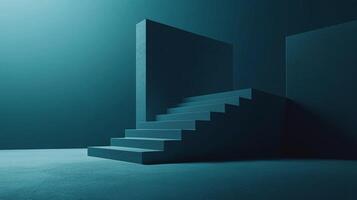 A minimalistic representation of a staircase in a vibrant teal setting, invoking feelings of tranquility and depth through its geometric forms and shadows. photo