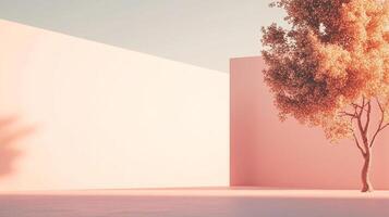 This image depicts a serene pastel pink area complemented by a solitary tree, creating a harmonious aesthetic that conveys feelings of calmness and gentle beauty. photo