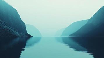 A serene misty valley scene reflected in a calm waterway, evoking a sense of tranquility and introspection while showcasing the beauty of nature's forms. photo