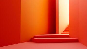 Bold orange stairs leading upwards create a visually striking architectural scene, highlighting modern design principles with their dynamic forms and clean lines. photo