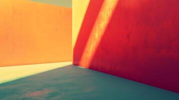 Bright orange walls intersect creating geometric forms and shadows, generating a dynamic play of light and color that evokes energy and creativity. photo