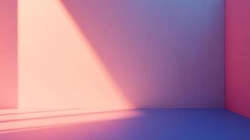 This artistic display features soft gradient walls in vibrant pink and blue hues, accented by gentle light creating an abstract yet soothing visual experience in the room. photo