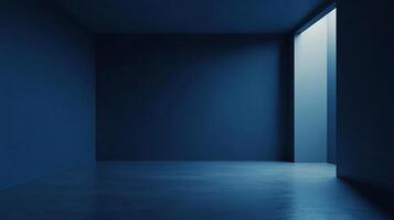 This image depicts a minimalist room painted in deep blue with a single bright light streaming in through an open door, creating a calm and serene ambiance. photo