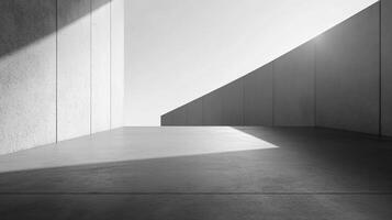 This image showcases a minimalist architectural space where light interacts with concrete surfaces, creating a serene and contemplative atmosphere. photo