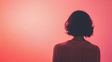 A thoughtful silhouette of a person stands against a softly lit warm coral background, evoking introspection and emotional depth in a minimalist setting. photo