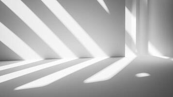 An abstract depiction of shadows formed by light in a minimalist environment, inviting contemplation on the interplay between light and space in a clean aesthetic. photo