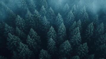 This captivating image reveals a dense forest canopy enveloped in mystical fog, creating an enchanting and mysterious atmosphere that invites exploration and intrigue. photo