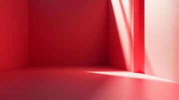 An engaging red corner room illuminated by sunlight, highlighting the interplay of shadows and sharp lines, creating an immersive atmosphere filled with warmth and modern charm. photo