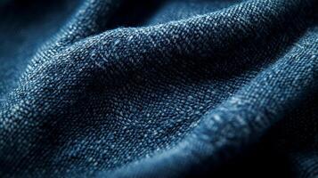A close-up view of dark denim fabric texture revealing intricate weaving and softness, ideal for projects emphasizing fashion and craftsmanship. photo