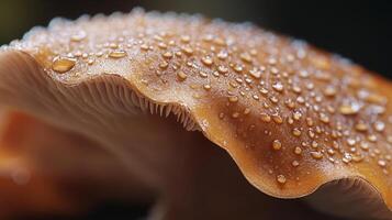 This image features a macro shot of a mushroom cap, adorned with glistening droplets, showcasing its intricate structure and natural beauty in vibrant detail. photo