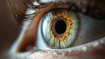 This captivating close-up photograph showcases the intricate details and unique patterns of a human eye, evoking curiosity and a sense of connection to humanity. photo