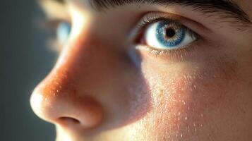 Profile of a boy's face captured in a moment of reflection, his striking blue eye conveying curiosity and a sense of wonder about the world around him. photo