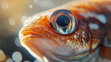 A stunning close-up of a goldfish swimming gracefully through sparkling water, showcasing its vibrant colors and dynamic motion within a serene aquatic environment. photo