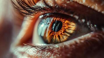 An intimate close-up of a human eye, revealing intricate details and a vivid cast, symbolizing emotion and depth that captivates the viewer's attention. photo