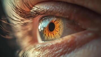 A mesmerizing close-up of a human eye capturing intricate details and reflections, symbolizing perception and the beauty of human emotions and experience. photo