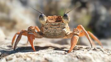 A striking close-up of a crab showcasing its distinctive features, highlighting its vibrant colors and textures against a rugged natural background. photo