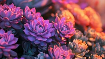 A beautiful collection of colorful succulents captured in a dazzling arrangement, showcasing their unique shapes and vibrant hues, creating a lively visual impact. photo
