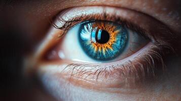 A mesmerizing close-up of an eye revealing intricate patterns and colors, symbolizing depth and exploration of human emotions and the beauty of vision. photo