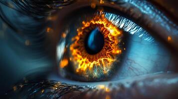A stunning close-up of an eye exhibiting a fiery orange pattern, captivating viewers with its intense colors and intricate details that evoke passion and fascination. photo