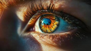 This striking close-up image showcases a mesmerizing eye with unique iris patterns, capturing intricate details and reflections that evoke wonder and curiosity. photo