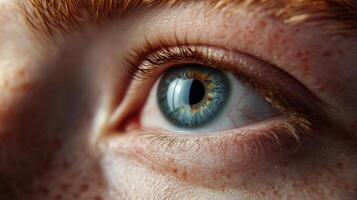 This captivating close-up image presents a freckled blue eye, highlighting striking colors and unique patterns that convey depth, emotion, and individuality. photo