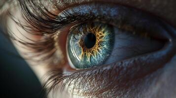 Focusing on a human eye, this image reveals intricate colors and patterns within the iris, reflecting a depth of emotion and the beauty of human anatomy. photo