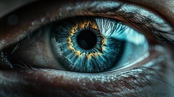 This captivating close-up of a human eye reveals vivid colors and intricate details of the iris, showcasing the depth of human emotion and the power of expression. photo