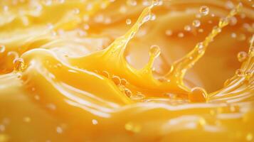 An energetic close-up capturing a bright yellow liquid splashing, showcasing movement and vibrancy that brings a sense of joy and excitement. photo