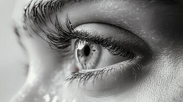 An elegant black and white close-up of a human eye, highlighting its unique textures and shapes, evoking emotions in a minimalistic and powerful manner. photo