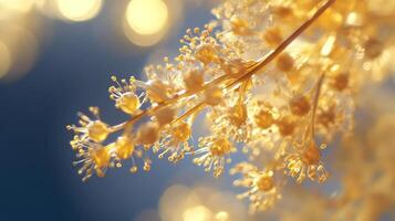 A beautiful close-up image of delicate golden flower clusters, artfully illuminated, showcasing intricate details that evoke feelings of warmth and serenity in nature. photo